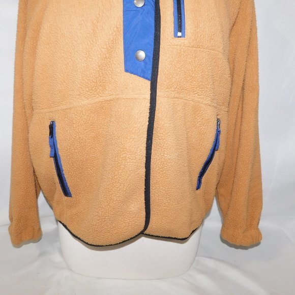 American Eagle Snap Front Sherpa Fleece Jacket Blue Tan Brown Womens XS - Picture 8 of 11